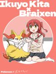  1other 2girls :&gt; absurdres animal_ear_fluff animal_ears black_skirt bocchi_the_rock! bow bowtie braixen brown_sailor_collar brown_shirt character_name commentary_request copyright_name crossover dot_nose fox_ears fox_tail full_body furry furry_female green_eyes hair_between_eyes hand_up heart heart_hands highres kita_ikuyo long_sleeves looking_ahead medium_hair miniskirt multiple_girls oekaki_bibbi one_side_up open_mouth pleated_skirt poke_ball pokemon pokemon_(creature) red_background red_bow red_bowtie red_eyes red_theme redhead sailor_collar school_uniform shirt shuka_high_school_uniform simple_background sitting skirt smile socks soles tail wariza white_socks 