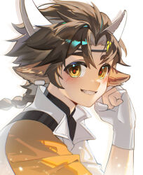  1boy animal_ears arknights blush braid brown_hair commentary cow_boy cow_ears cow_horns gloves horns looking_at_viewer luosaihuer male_focus partially_fingerless_gloves shirt smile upper_body wan_qing_(arknights) white_background white_gloves white_shirt 