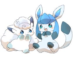  alolan_vulpix animal_focus blue_eyes blush blush_stickers glaceon highres mimix no_humans open_mouth pokemon pokemon_(creature) pokemon_focus simple_background smile twitter_username white_background 