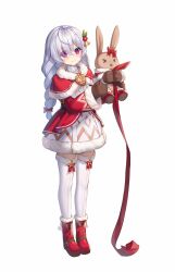  1girl artist_request bell belt black_belt blush boots braid brown_gloves capelet christmas commentary_request cross-shaped_pupils dress english_commentary full_body fur-trimmed_boots fur-trimmed_dress fur_trim gloves hair_bell hair_ornament hair_ribbon highres holding holding_stuffed_toy holly_hair_ornament king&#039;s_raid korean_commentary lavril_(king&#039;s_raid) long_sleeves mixed-language_commentary multicolored_dress official_alternate_costume official_art pom_pom_(clothes) red_boots red_capelet red_dress red_ribbon ribbon santa_costume santa_dress second-party_source smile solo star_ornament stuffed_animal stuffed_rabbit stuffed_toy symbol-shaped_pupils thigh-highs turtleneck twin_braids violet_eyes white_dress white_fur white_hair white_thighhighs 