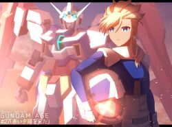 1boy 2022 aqua_eyes asemu_asuno blonde_hair blue_eyes gundam gundam_age gundam_age-2 gundam_age-2_double_bullet helmet highres holding holding_unworn_helmet hoshi_(artoria_0518) humanoid_robot letterboxed long_hair low_ponytail mecha mecha_pilot_suit mobile_suit normal_suit_(gundam) outside_border ponytail robot science_fiction space_helmet sunset unworn_headwear unworn_helmet v-fin 