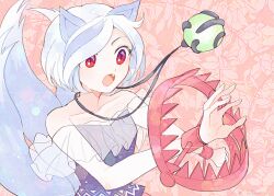  1girl :o animal_ears bare_shoulders bear_trap blue_hair collarbone dog_ears dog_girl fang grey_hair itomugi-kun jewelry mitsugashira_enoko multicolored_hair multiple_tails off-shoulder_shirt off_shoulder open_mouth pendant pink_background purple_shirt red_eyes shirt short_hair solo streaked_hair tail touhou upper_body 