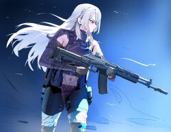  1girl absurdres ak-15 ak-15_(girls&#039;_frontline) assault_rifle black_background blue_background closed_mouth commentary covered_navel cowboy_shot floating_hair girls_frontline gradient_background gun highres holding holding_gun holding_weapon kalashnikov_rifle pants pouch rifle ruppu simple_background solo trigger_discipline two-tone_background violet_eyes weapon white_hair 