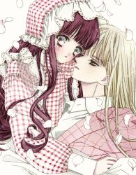  2girls blonde_hair blush falling_petals headdress highres long_bangs long_hair multiple_girls nui_nakato original petals red_hair wavy_hair 