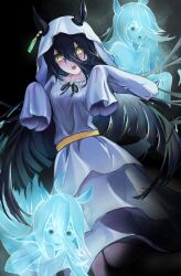  3girls absurdres ahoge animal_ears artist_name black_hair black_ribbon breasts collar dress ear_ornament ear_tag earrings ghost ghost_costume ghost_pose hair_over_one_eye halloween hands_up highres horse_ears horse_girl jewelry long_hair manhattan_cafe_(umamusume) masasan multiple_girls neck_ribbon open_mouth parted_lips ribbon sheet_ghost signature single_earring sleeves_past_fingers sleeves_past_wrists small_breasts smile umamusume very_long_hair white_dress 