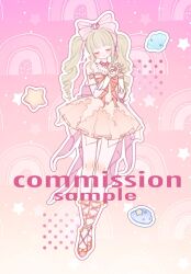  1girl back_bow ballet_slippers bare_shoulders blonde_hair blunt_bangs blush bow bow_choker bowtie bridal_gauntlets chinese_commentary choker clam closed_eyes closed_mouth commentary_request commission crossed_ankles detached_sleeves dress drill_hair earrings frilled_dress frills full_body gradient_background hair_bow hair_ornament halftone happy highres infinity_nikki jewelry large_bow le_cha_(xinjinjumin377552264940) leg_ribbon light_particles long_hair long_sleeves necklace nikki_(series) outline pink_background pink_bow pink_bowtie pink_choker pink_dress pink_ribbon pink_ribbon_waltz_(infinity_nikki) pink_shoes pink_sleeves pleated_dress ribbon sample_watermark shell shell_earrings shell_hair_ornament shoes short_dress sidelocks smile solo standing star_(symbol) strapless strapless_dress twin_drills twintails two-tone_background watermark white_bridal_gauntlets white_outline yellow_background 