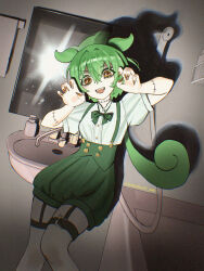  1girl absurdres arms_up bathroom camera_flash character_request check_character claw_pose collar collared_shirt commentary_request cosplay fang feet_out_of_frame fingernails frankenstein&#039;s_monster frankenstein&#039;s_monster_(cosplay) garter_straps green_hair green_ribbon green_shorts green_suspenders hair_between_eyes highres indoors kazami_yuuka long_fingernails looking_at_viewer mirror nail_polish open_mouth ribbon shadow shirt short_hair short_shorts short_sleeves shorts solo teeth thigh-highs tomodach1666 touhou twitter_username upper_teeth_only vocaloid white_collar white_shirt white_thighhighs yellow_eyes yellow_nails zundamon zundamon_(cosplay) 