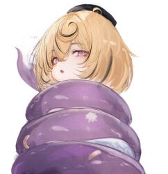  1girl absurdres black_hair black_hat blonde_hair hat highres looking_at_viewer monster_girl multicolored_hair open_mouth renoahh ringed_eyes scylla short_hair simple_background solo streaked_hair tentacles upper_body violet_eyes white_background wrapped_up yidhari_murphy zenless_zone_zero 