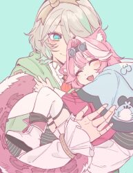  2girls aged_down animal_ears cecilia_immergreen doll_joints fang goggles goggles_on_head green_eyes grey_hair highres hololive hololive_english joints multiple_girls panther_ears panther_tail pink_hair raora_panthera smile tail thigh-highs virtual_youtuber white_thighhighs yibai002 