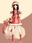  1girl bag bell black_eyes black_hair blood_alone blush boots bow brown_background buttons dress full_body gloves hands_on_own_hips hat highres jingle_bell light_brown_background light_smile long_hair looking_at_viewer misaki_minato pom_pom_(clothes) red_bow red_dress red_footwear red_gloves santa_boots santa_costume santa_dress santa_gloves santa_hat short_sleeves shoulder_bag solo standing straight-on takano_masayuki two-tone_background 