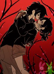  1boy 1girl :d ahoge andrew_graves arched_back arm_around_back arm_around_shoulder ashley_graves bare_legs bare_tree black_choker black_hair black_shirt black_sweater blood blood_from_mouth blood_on_face blood_on_hands bright_pupils brother_and_sister choker closed_mouth denim denim_shorts eye_contact face-to-face feet_out_of_frame fingernails from_side green_eyes grey_outline grey_pants grey_shorts gun hair_between_eyes hair_tie hand_on_another&#039;s_chin hand_up hashtag-only_commentary highres holding holding_gun holding_weapon jeans long_sleeves looking_at_another low_ponytail medium_hair migimiya_yoru open_mouth outline pants pink_eyes ponytail profile puffy_long_sleeves puffy_sleeves red_background shirt short_hair shorts siblings simple_background smile standing stuffed_animal stuffed_rabbit stuffed_toy sweater teeth the_coffin_of_andy_and_leyley tree upper_teeth_only weapon white_pupils 