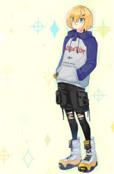  1boy black_leggings black_shorts blonde_hair blue_hood blue_sleeves boots closed_mouth clothes_writing drawstring full_body green_eyes hair_intakes hair_ornament hair_over_one_eye hairclip hand_in_pocket highres hood hood_down hoodie lace-up_boots leggings long_sleeves looking_ahead male_focus nijisanji no_headwear no_jacket print_hoodie raglan_sleeves shoelaces short_hair shorts solo standing tiya_82 torn_clothes torn_leggings uzuki_kou uzuki_kou_(5th_costume) virtual_youtuber wallet_chain white_boots white_hoodie wolf_cut yellow_background zipper 
