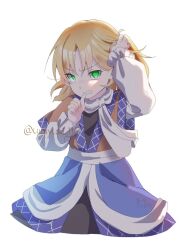  1girl arm_warmers biting biting_own_thumb black_shirt black_skirt blonde_hair brown_shirt clenched_teeth commentary_request cowboy_shot green_eyes hand_in_own_hair highres looking_at_viewer mizuhashi_parsee pointy_ears sash scarf shirt short_hair short_sleeves simple_background skirt solo teeth touhou twitter_username umiyuki_116 undershirt v-shaped_eyebrows white_background white_sash white_scarf 