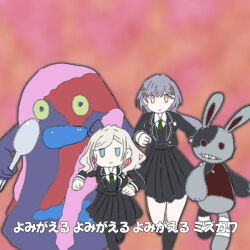  2girls artistic_error black_jacket black_pantyhose black_skirt black_sweater_vest blazer blue_eyes ceras_yanagida_lilienfeld edel_note green_necktie grey_hair hair_ornament hair_ribbon holding holding_spoon jacket jellyfish_cut katsuragi_izumi link!_like!_love_live! long_hair looking_at_viewer love_live! miniskirt mizukawa_school_uniform multiple_girls navyblue_konjac necktie open_clothes open_jacket open_mouth orange_background orange_eyes pantyhose pink_ribbon pleated_skirt ribbon running school_uniform skirt spoon stuffed_animal stuffed_rabbit stuffed_toy subtitled sweater_vest translation_request triangle_hair_ornament virtual_youtuber 