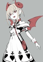  1girl ahoge arm_strap bag bare_shoulders belt belt_collar blush bracelet broken_heart_print collar colored_tips cross cross_print curled_horns demon_girl demon_horns demon_wings dress dyed_ahoge fangs feet_out_of_frame flat_chest flat_color frilled_dress frills gloves grey_background grey_hair hair_between_eyes handbag heart heart_print highres horns ikuse_hinano jewelry long_dress looking_at_viewer makaino_ririmu makaino_ririmu_(1st_costume) multicolored_hair nijisanji off-shoulder_dress off_shoulder open_mouth pixie_cut pointy_ears red_bag red_collar red_eyes red_horns red_streaks red_wings shirt_under_dress short_hair shoulder_bag sidelocks simple_background smile solo standing streaked_hair undershirt virtual_youtuber white_dress white_gloves wings 