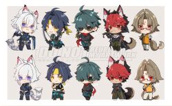  5boys ahoge animal_ear_fluff animal_ears armor arms_behind_back asaba_harumasa asymmetrical_gloves black_gloves black_hair black_necktie black_pants bow_(weapon) brown_hair cat_boy chibi chibi_only chinese_clothes closed_mouth clothes_around_waist collar commentary_request dog_boy dog_ears dog_tail ear_piercing facial_mark forehead_mark glasses gloves green_eyes green_hair green_pants grey_background hair_between_eyes hair_intakes headband highres holding holding_bow_(weapon) holding_sword holding_weapon jacket komano_manato leaf_in_mouth leather leather_jacket lighter_(zenless_zone_zero) long_tail looking_at_viewer looking_over_eyewear male_focus mismatched_gloves multicolored_hair multiple_boys multiple_views necktie no910_zzz open_mouth over_shoulder pants parted_bangs parted_lips partially_fingerless_gloves piercing police police_uniform policeman red_bandage red_eyes red_hair red_pupils red_scarf scar scar_across_eye scar_on_face scarf seth_lowell shirt short_hair shoulder_armor shoulder_spikes smile spiked_jacket spikes standing sunglasses sword tail violet_eyes weapon weapon_over_shoulder white_hair white_pants white_shirt white_tail ye_shiyuan yellow_eyes yellow_gloves yellow_headband zenless_zone_zero 
