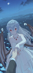  1boy 1girl absurdres alternate_hairstyle backlighting bare_shoulders bat_wings blue_flower blue_hair blue_sky blush braid breasts bridal_veil bride brown_wings chinese_commentary clouds collarbone colored_eyelashes commentary_request couple crossed_bangs diamond_(gemstone) diamond_ring double-parted_bangs dress field fingernails flower flower_field full_moon gem grass grin hair_up half_up_braid hand_up hetero highres holding_hands husband_and_wife jewelry layered_dress long_dress long_sleeves looking_at_viewer moon moonlight nail_polish necklace night night_sky ornate_ring outdoors outstretched_arm pale_skin parted_lips pearl_necklace pendant pink_nails pov pov_hands reaching reaching_towards_viewer red_eyes red_gemstone remilia_scarlet ring see-through_clothes see-through_veil skirt_hold sky slit_pupils small_breasts smile solo_focus strapless strapless_dress touhou updo veil viewer_self-insert wedding_dress wedding_ring white_dress wings youpofen 