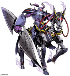  armor craniummon digimon digimon_(creature) digimon_story:_time_stranger double_blade enbarrmon full_body glowing glowing_eyes helmet horseback_riding knight official_art polearm purple_armor purple_helmet red_eyes riding skeleton_horse weapon 