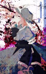  1girl absurdres black_bow black_bowtie blue_hat blue_kimono bow bowtie branch bug butterfly cherry_blossoms commentary evil_smile facing_up falling_petals frilled_hat frills hat highres japanese_clothes kimono long_sleeves looking_at_viewer mob_cap oiviie petals pink_hair pixels profile red_butterfly red_eyes saigyouji_yuyuko short_hair sideways_glance smile solo touhou triangular_headpiece 