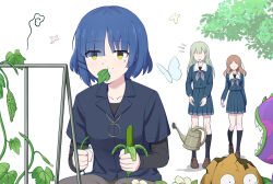  3girls anglediana arms_at_sides asymmetrical_bangs bang_dream! bang_dream!_it&#039;s_mygo!!!!! black_socks blue_hair blue_serafuku blue_shirt blue_skirt bocchi_the_rock! brown_hair bug butterfly chinese_commentary chomper_(plants_vs._zombies) commentary_request crossover dropping eating faceless faceless_female grey_hair grey_neckerchief hair_ornament hairclip highres holding holding_plant kneehighs layered_sleeves leaf_in_mouth loafers long_hair long_sleeves mole mole_under_eye motion_lines multiple_girls nagasaki_soyo neckerchief notice_lines parallel_hairclips plant plants_vs._zombies pleated_skirt sailor_collar school_uniform serafuku shirt shoes short_hair short_over_long_sleeves short_sleeves simple_background skirt socks squiggle standing straight_hair surprised tsukinomori_school_uniform undershirt wakaba_mutsumi wall-nut_(plants_vs._zombies) watering_can white_background white_sailor_collar yamada_ryo yellow_eyes 