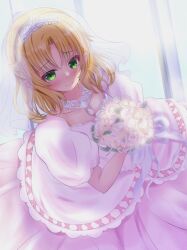 1girl alternate_costume blonde_hair blush bouquet bridal_veil closed_mouth commentary_request commission cowboy_shot dress flower green_eyes guchadoro highres holding holding_bouquet looking_at_viewer mizuhashi_parsee pink_dress puffy_short_sleeves puffy_sleeves rose scarf short_hair short_sleeves skeb_commission smile solo touhou veil wedding_dress white_flower white_rose white_scarf 