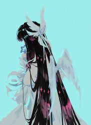  1girl absurdres bare_shoulders black_hair columbina_(genshin_impact) dress feathered_wings flower from_behind genshin_impact head_wings highres holding holding_flower long_hair purple_flower white_background white_dress wings xena_rai 