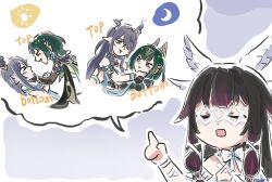  3girls black_hair closed_eyes columbina_(genshin_impact) genshin_impact hand_up highres index_finger_raised lauma_(genshin_impact) long_hair multicolored_hair multiple_girls nefer_(genshin_impact) open_mouth pointing purple_hair simple_background spoken_character xinzoruo 