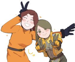  2girls ^_^ belt black_gloves blush blush_stickers bodysuit boots breasts brown_belt brown_eyes brown_hair closed_eyes closed_mouth cropped_jacket crossover double_v dress gloves green_eyes green_hair grey_bodysuit grin heart highres himuro_ni holding jacket jumpsuit long_hair looking_at_viewer medium_breasts mii_(nintendo) mii_gunner_(smash_4) mii_gunner_(smash_ultimate) multiple_girls nintendo open_clothes open_mouth orange_bodysuit orange_dress orange_gloves pants parted_bangs posing short_hair simple_background smile super_smash_bros. sweater v white_background yellow_boots 