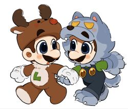  2boys animal_costume animal_ears animal_hands antlers blue_eyes blue_overalls brown_fur brown_hair christmas claws cosplay deer_antlers deer_ears eye_contact facial_hair full_body gloves green_shirt halloween highres holding_hands horns looking_at_another luigi luigi_(halloween) mimimi_(mimimim9999) multiple_boys mustache open_mouth overalls paw_gloves red_nose reindeer_antlers reindeer_costume rudolph_the_red_nosed_reindeer rudolph_the_red_nosed_reindeer_(cosplay) shirt short_hair simple_background super_mario_bros. tail werewolf_costume wolf_costume wolf_ears wolf_paws wolf_tail yellow_eyes 