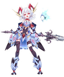  1girl absurdres armor bare_shoulders black_thighhighs blue_armor breasts covered_navel detached_sleeves earrings highres holding holding_polearm holding_weapon horn_ornament horn_ribbon horns jewelry looking_at_viewer mechanical_arms mechanical_horns medium_breasts pelvic_curtain polearm raptor7 red_eyes red_horns ribbon sharp_teeth sheep_horns short_hair simple_background skin_tight solo teeth thigh-highs touhou toutetsu_yuuma weapon white_background white_hair 