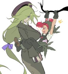  2girls :d age_difference arms_up bare_arms beret black_boots black_overalls book boots bow branch breasts closed_mouth coat collared_shirt colored_tips commentary_request cookie_run cookie_run:_witch&#039;s_castle cowboy_shot eye_contact fang from_side full_body green_coat green_hair green_headscarf hair_bow hair_bun hat headscarf highres holding holding_book holding_branch humanization korean_commentary large_breasts long_hair looking_at_another low-tied_long_hair multicolored_hair multiple_girls ohta_guk_hip open_mouth overalls profile purple_bow purple_hat radish_cookie red_eyes red_hair rosemary_cookie shirt short_hair short_sleeves siblings sideways_mouth simple_background single_hair_bun sisters smile standing sweatdrop two-tone_hair very_long_hair violet_eyes white_background white_hair white_shirt 