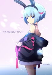  1girl 2023 animal_ears aqua_eyes bare_shoulders black_choker black_jacket blue_eyes camisole choker copyright_name fake_animal_ears highres hood hooded_jacket jacket looking_back multicolored_hair nii_manabu off_shoulder open_clothes open_jacket otosaka_shion_(shadowverse_flame) pink_hair rabbit_ears shadowverse shadowverse_(animated_series) shadowverse_flame short_hair signature solo 