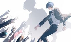 4boys 4girls aigis_(persona) amada_ken black_jacket black_pants black_ribbon blue_eyes blue_hair commentary_request digital_media_player digital_walkman earphones_removed feet_out_of_frame from_side gekkoukan_high_school_uniform highres iori_junpei jacket kirijou_mitsuru long_sleeves looking_down male_focus multiple_boys multiple_girls open_clothes open_jacket out_of_frame pants parted_lips persona persona_3 r5_(yexinr5) reaching reaching_towards_another ribbon sanada_akihiko school_uniform shadow shirt short_hair signature simple_background solo_focus takeba_yukari walkman_nw-s203f white_background white_shirt yamagishi_fuuka yuuki_makoto_(persona_3) 
