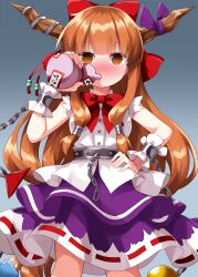 1girl blush bow bowtie brown_horns chain commentary drinking feet_out_of_frame gourd hair_bow hand_on_own_hip highres horn_ornament horn_ribbon horns ibuki_suika long_hair looking_at_viewer nose_blush orange_hair purple_ribbon purple_skirt red_bow red_bowtie ribbon ruu_(tksymkw) shirt skirt sleeveless sleeveless_shirt solo standing touhou white_shirt wrist_cuffs 