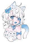  1girl absurdres animal_ear_fluff animal_ears blue_bow blue_eyes bow bowtie breasts cat_ears cat_tail hair_bow highres jikuno medium_breasts open_mouth portrait short_hair simple_background solo tail wavy_hair white_background white_hair 