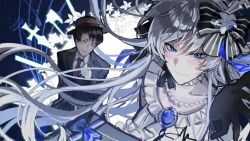  1boy 1girl angelica_(project_moon) axe black_gloves blue_eyes blue_gemstone brooch closed_mouth collared_shirt floating_hair gem gloves hat highres jewelry library_of_ruina long_hair meow215211 necklace necktie pearl_necklace project_moon red_necktie roland_(project_moon) shirt smile sword upper_body very_long_hair weapon white_hair white_shirt 