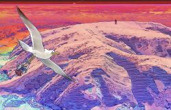  2boys absurdres animal ark_(tenchi_souzou) baggy_pants bird commentary_request flying from_above fujiwara_kamui highres horizon looking_afar mountain multiple_boys orange_hair outdoors oversized_animal pants red_pants seagull short_hair sitting standing tenchi_souzou wide_shot 