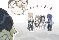  2boys 3girls arguing black_dress black_hair blonde_hair brown_hair columbina_(genshin_impact) dress flins_(genshin_impact) genshin_impact highres jahoda_(genshin_impact) long_hair multiple_boys multiple_girls open_mouth purple_hair sandrone_(genshin_impact) standing varka_(genshin_impact) white_dress xinzoruo 