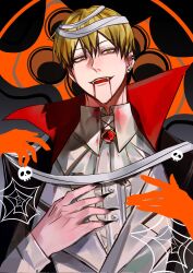  1boy alternate_costume black_hair black_nails blonde_hair blood blood_from_mouth colored_tips ear_piercing earrings fangs fingernails hair_between_eyes highres jewelry jujutsu_kaisen looking_at_viewer male_focus multicolored_hair multiple_piercings piercing sharp_fingernails short_hair silk solo spider_web streaked_hair teeth two-tone_hair upper_body vampire_costume xingkon818 yellow_eyes zen&#039;in_naoya 