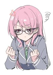  1girl anger_vein bang_dream! bang_dream!_it&#039;s_mygo!!!!! chihaya_anon commentary diagonal-striped_clothes diagonal-striped_necktie glasses green_necktie grey_eyes grey_jacket haneoka_school_uniform highres jacket long_hair necktie pink_hair pout school_uniform simple_background solo squiggle striped_clothes symbol-only_commentary white_background zhong_xiansheng 