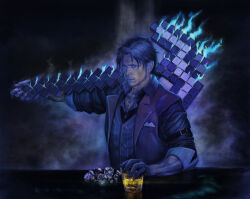  1boy alcohol aura beard belmond_banderas belmond_banderas_(1st_costume) belt blue_fire blue_theme breast_pocket brown_hair buttons commentary diamond_(gemstone) facial_hair fire fog glass handkerchief holding holding_weapon jewelry lips looking_at_viewer minecraft minecraft_pickaxe muscular muscular_male necklace nijisanji open_clothes open_vest over_shoulder pickaxe pocket ponytail realistic short_hair sleeves_rolled_up solo table vest virtual_youtuber weapon weapon_over_shoulder zeze 