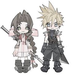  1boy 1girl :3 aerith_gainsborough armor armored_gloves baggy_pants bangle black_boots black_choker black_gloves black_pants black_shirt blonde_hair blue_eyes boots bracelet braid braided_ponytail brown_boots brown_hair buster_sword chibi chibi_only choker cloud_strife cropped_jacket dress earrings final_fantasy final_fantasy_vii final_fantasy_vii_remake full_body gloves green_eyes hair_between_eyes hair_ribbon highres holding holding_staff jacket jewelry lentymet light_blush light_smile long_dress long_hair looking_at_viewer pants parted_bangs pauldrons pink_dress pink_ribbon red_jacket ribbon shirt short_hair short_sleeves shoulder_armor sidelocks single_bare_shoulder single_braid single_earring single_pauldron sleeveless sleeveless_shirt spiky_hair staff standing suspenders sword sword_on_back weapon weapon_on_back white_background 