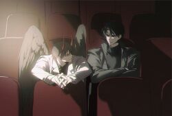  2boys black_coat black_hair black_shirt coat collared_shirt crossed_arms demon_horns elbow_rest highres hinizana horns indoors kim_dokja leaning_forward looking_at_another movie_theater multiple_boys official_alternate_costume omniscient_reader&#039;s_viewpoint open_clothes open_coat popped_collar shirt short_hair sidelighting smirk spotlight white_coat yoo_joonghyuk 