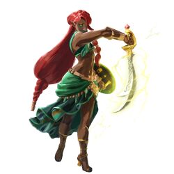  1girl absurdres ardi_(zelda) arm_up artist_request bare_shoulders blue_lips bracer braid brown_sandals closed_mouth crop_top dark-skinned_female dark_skin electricity eyeshadow fighting_stance full_body gem gerudo green_shirt green_skirt hair_over_one_eye heel_up high_heels highres holding holding_shield holding_sword holding_weapon hyrule_warriors:_age_of_imprisonment lipstick long_hair looking_afar low-tied_long_hair makeup multi-tied_hair navel official_art one_eye_covered pointy_ears red_gemstone red_hair sandals scimitar shield shirt simple_background single_braid skirt sleeveless sleeveless_shirt solo stomach sword the_legend_of_zelda the_legend_of_zelda:_tears_of_the_kingdom toned toned_female transparent_background very_long_hair weapon yellow_eyeshadow 