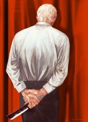  1boy arms_behind_back black_pants blonde_hair collared_shirt ctkcave curtains faceless faceless_male facing_away from_behind holding holding_weapon knife looking_down male_focus mature_male original pants red_background shirt short_hair solo weapon white_shirt 