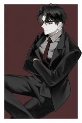  1boy black_coat black_eyes black_hair black_vest border coat collared_shirt cowboy_shot crossed_arms curtained_hair expressionless figure_four_sitting grey_shirt highres hinizana looking_at_viewer male_focus necktie omniscient_reader&#039;s_viewpoint outside_border red_necktie shirt short_hair sitting solo vest white_border yoo_joonghyuk 