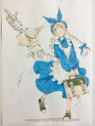  1girl apron back_bow black_shoes blonde_hair blue_bow blue_dress blue_hairband bow bow_hairband braid briefcase brown_eyes collared_dress commentary_request don_&amp;_pattchi don_(don_&amp;_pattchi) dress frilled_apron frills full_body grey_socks hair_bow hairband highres leaning_to_the_side long_hair pattchi_(don_&amp;_pattchi) peter_salt pointing pointing_up robot shoes sideways_glance single_braid sneakers socks standing standing_on_one_leg striped_clothes striped_socks traditional_media v_arms vertical-striped_clothes vertical-striped_socks white_apron white_background white_bow 