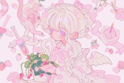  1girl artist_self-insert back_bow bandaid bandaid_on_hand blush bow bowtie braid cake candle closed_mouth colored_eyelashes commentary dress english_commentary expressionless flower food food-themed_hair_ornament fruit grey_eyes hair_between_eyes hair_bow hair_ornament happy_birthday heart highres intravenous_drip leaf long_sleeves looking_ahead original pink_background pink_bow pink_bowtie pink_flower pink_theme plant potted_plant puffy_long_sleeves puffy_sleeves reed short_hair_with_long_locks sidelocks simple_background snake solo strawberry strawberry_cake strawberry_hair_ornament swept_bangs syringe upper_body white_dress white_eyelashes white_flower white_hair white_snake white_wings wings 