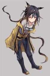  1girl animal_ears black_boots black_hair black_pants blush boots brown_eyes brown_hair closed_mouth coat collarbone collared_shirt ear_covers goggles goggles_around_neck grey_background hair_between_eyes horse_ears horse_girl horse_tail long_hair looking_at_viewer multicolored_hair open_clothes open_coat pants shirt simple_background solo stay_gold_(umamusume) streaked_hair tail torn_clothes torn_coat umamusume white_hair white_shirt yanagi_wakana yellow_coat 