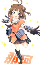  1girl antenna_hair arms_at_sides black_gloves blush brown_eyes brown_hair brown_neckerchief brown_shoes brown_skirt brown_socks character_name collarbone commentary_request double_bun dress elbow_gloves foreshortening full_body gloves hair_bun highres kantai_collection kneehighs loafers looking_at_viewer medium_hair naka_(kancolle) neckerchief open_mouth orange_dress sailor_collar school_uniform serafuku shoes short_sleeves simple_background skirt smile socks solo sparkle standing standing_on_one_leg watanabe_yoshihiro white_background white_sailor_collar 
